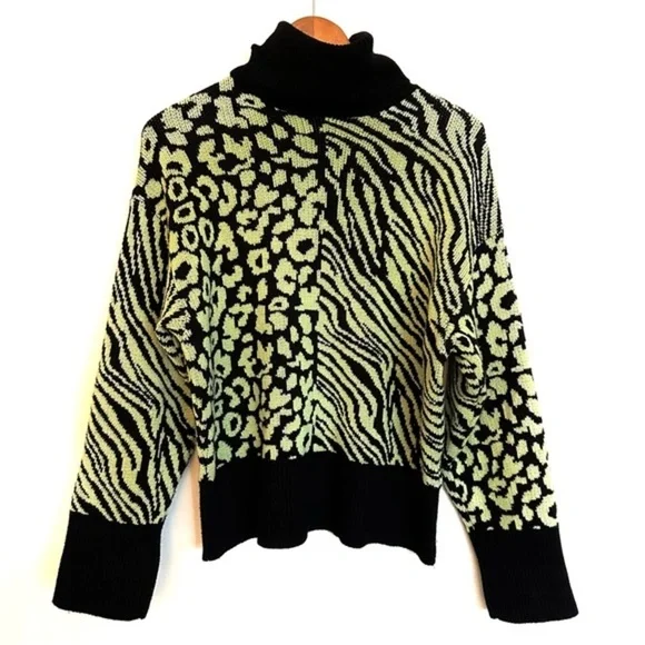 Zara Neon Yellow and Black Animal Print Turtleneck Sweater - Picture 2 of 15